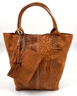 Дамска чанта тип торба от естествен велур в оранжево 220