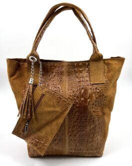 Дамска чанта тип торба от естествен велур в кафяво Б  220