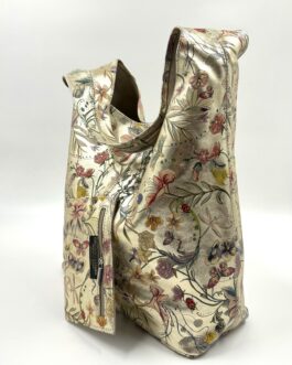Дамска торба от естествена кожа в цвят злато с цветя