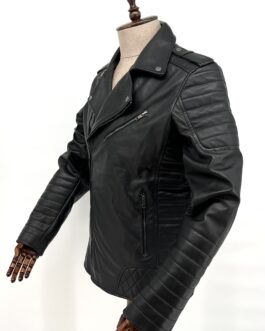 Мъжко яке байкър от естествена кожа в черно 2 + Макси размери
