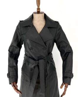 Дамски шлифер от естествена агнешка кожа в черно