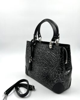 Дамска чанта от естествена кожа черно със сребристо 188