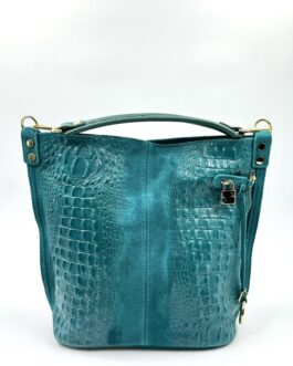 Дамска чанта от естествен велур с ефектна кроко щампа в синьо зелен цвят 0196