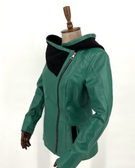 Дамско яке с качулка от естествена кожа в зелен цвят