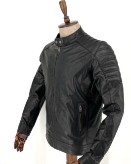 Мъжко яке от естествена кожа байкър в черен цвят 5