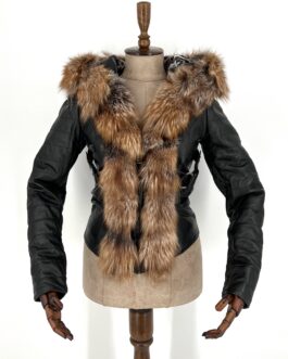 Дамско яке с качулка от естествена кожа и естествен косъм лисица
