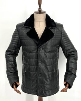 Зимно мъжко сако от естествена кожа с яка от чинчила в черно