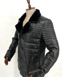 Зимно мъжко сако от естествена кожа с яка от чинчила в черно