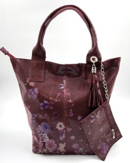 Дамска чанта тип торба от естествена кожа с флорален принт цвят в бордо 166