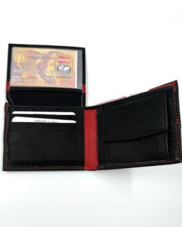Мъжки портфейл от естествена кожа в черно със червен конец 028