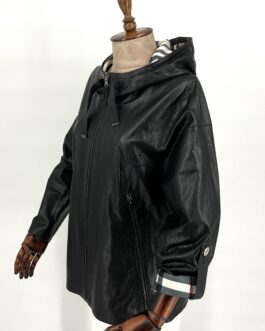 Дамско двулицево яке с качулка от естествена кожа в черно