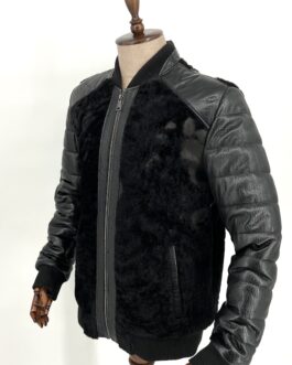 Мъжко зимно яке от естествена кожа и косъм в черен цвят 2