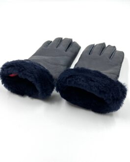 Дебели зимни ръкавици от естествена агнешка кожа в тъмносин цвят