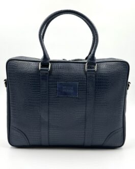 Бизнес чанта от естествена кожа с ефектна щампа в синьо 709
