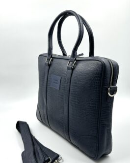 Бизнес чанта от естествена кожа с ефектна щампа в синьо 709