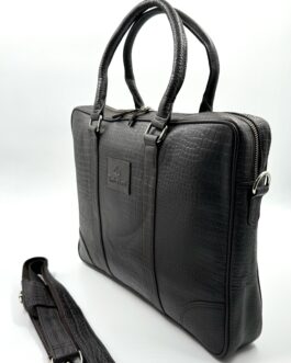 Бизнес чанта от естествена кожа с ефектна щампа в тъмнокафяво 709