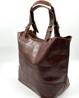 Голяма дамска чанта тип торба от естествена кожа в кафяво 0559