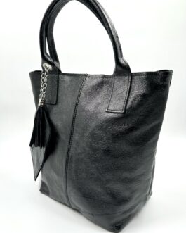 Дамска чанта тип торба от естествена кожа в перлено черен цвят