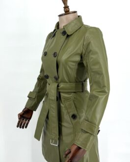 Дамски шлифер от естествена агнешка кожа в зелено