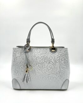 Дамска чанта от естествена кожа в бяло със сребро 188