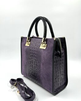 Дамска чанта с ефектна кроко щампа в лилаво 01139