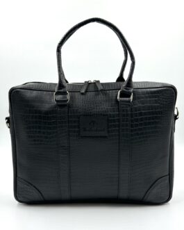 Бизнес чанта от естествена кожа с ефектна щампа в черно 709