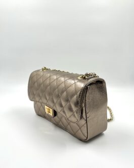Луксозна дамска чанта от естествена кожа в цвят старо злато 01960
