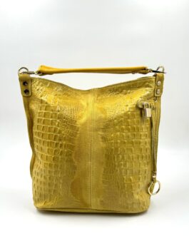 Дамска чанта от естествен велур с ефектна кроко щампа в жълто 0196