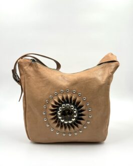 Дамска чанта със слънце и камък от естествена кожа натурал 0977