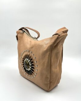 Дамска чанта със слънце и камък от естествена кожа натурал 0977
