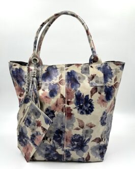 Дамска чанта тип торба от естествена кожа с ефектен принт цветя 166-1