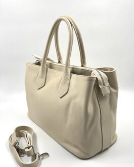 Голяма дамска чанта от естествена кожа в цвят ванилия 5610