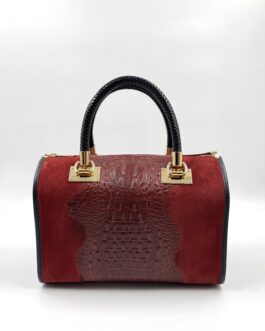 Дамска чанта тип куфарче от естествена кожа в тъмночервено 0366