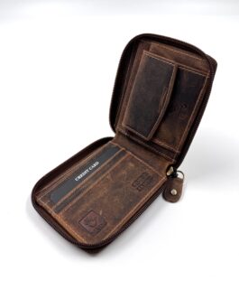 Мъжки портфейл с цип от естествена Хънтър кожа в кафяво 10-994