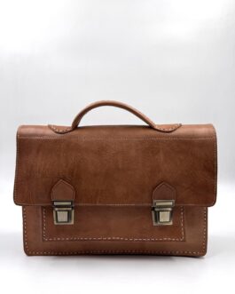 Винтидж чанта тип куфарче от естествена кожа в натурал 0682