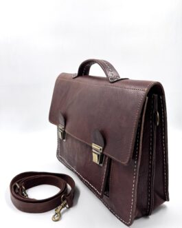 Голяма винтидж чанта тип куфарче от естествена кожа в тъмнокафяво 0659