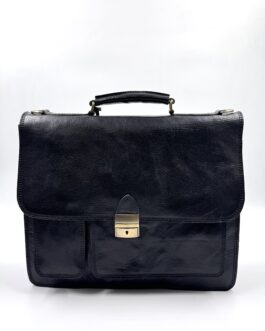 Голяма бизнес чанта тип куфарче от естествена кожа в черно 0658