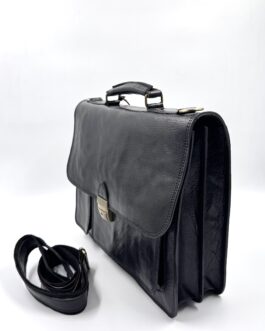 Голяма бизнес чанта тип куфарче от естествена кожа в черно 0658