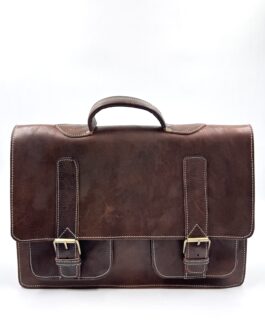 Голяма винтидж чанта тип куфарче от естествена кожа в тъмнокафяво 0657