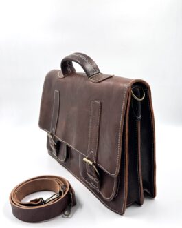 Голяма винтидж чанта тип куфарче от естествена кожа в тъмнокафяво 0657