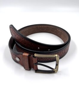 Колан от естествена кожа с ефектна щампа в кафяво и черно