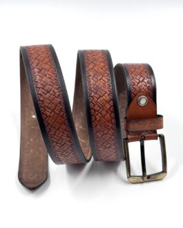 Колан от естествена кожа с ефектна щампа в кафяво и черно