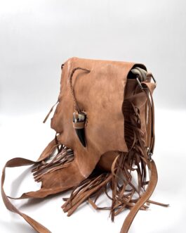 Мароканска чанта през рамо с ресни, листо и рог натурал 0655