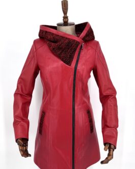 Дамско удължено яке с качулка от естествена кожа в червено 1