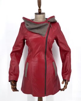 Дамско удължено яке с качулка от естествена кожа в червено 2