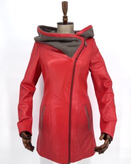 Дамско удължено яке с качулка от естествена кожа в червено 3