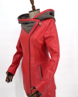 Дамско удължено яке с качулка от естествена кожа в червено 3