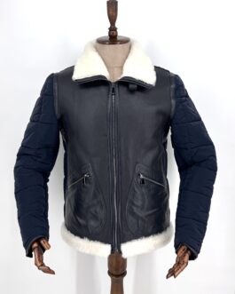 Мъжки кожух от естествена кожа в комбинация с шушляк в синьо