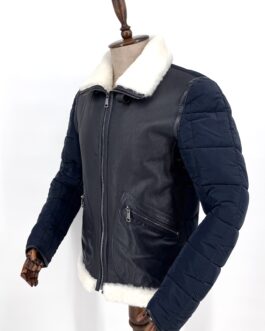 Мъжки кожух от естествена кожа в комбинация с шушляк в синьо