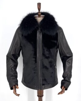Мъжко яке от естествена кожа и алкантара с яка от естествен косъм на лисица